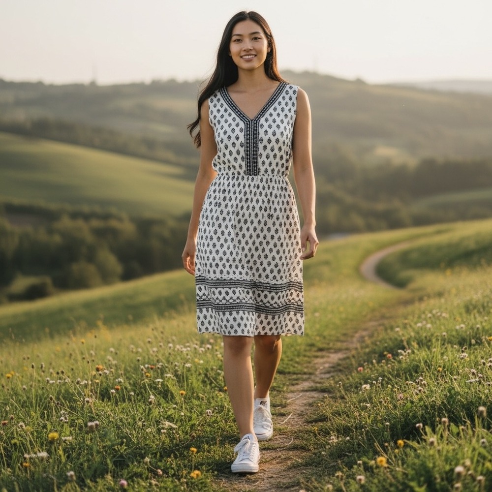 Pure Jill Sleeveless Printed Midi Dress‎ Small Relaxed Flowy Boho Black White - Picture 2 of 13